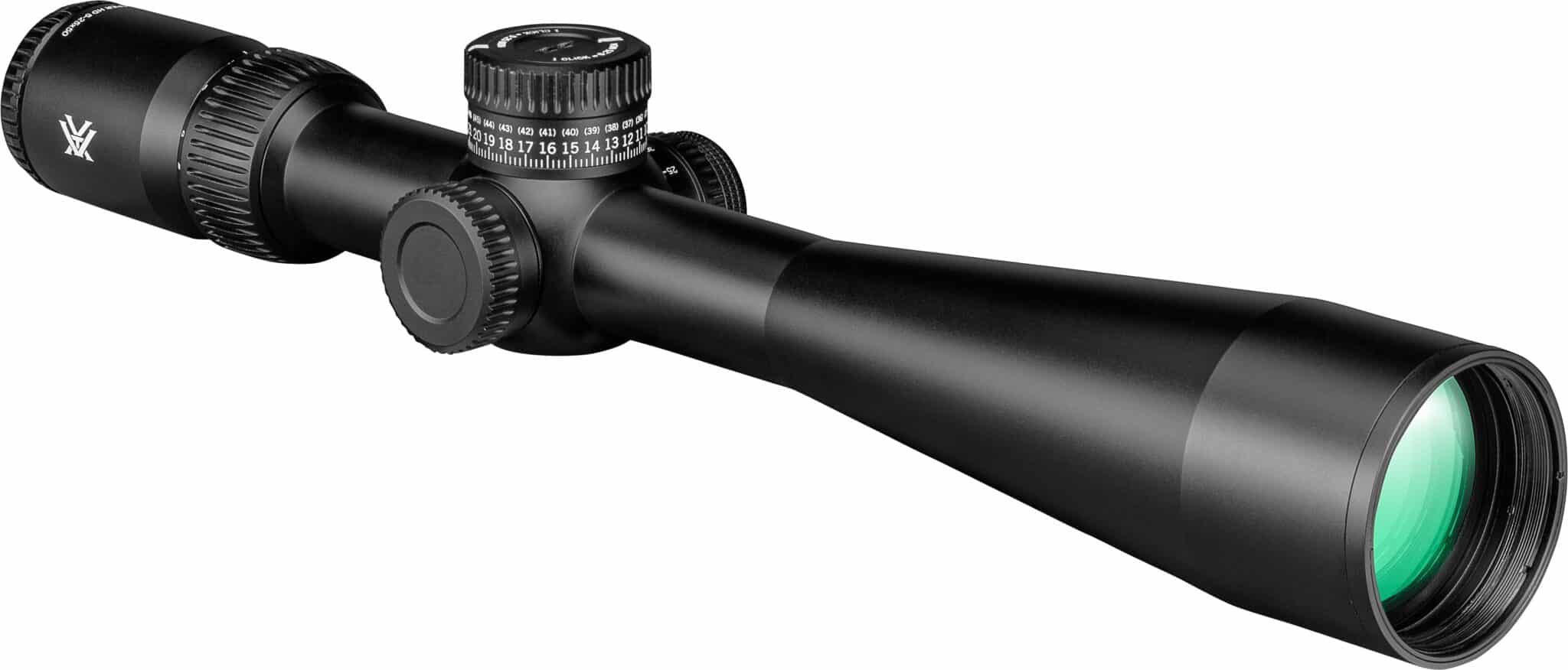 VORTEX VIPER HD 5X25X50 SFP VMR-3 MOA RIFLESCOPE - Black rifle scope with adjustment knobs and green-tinted lens, designed for precision aiming in long-distance shooting.