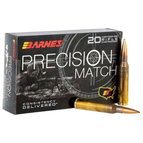 A box of Barnes Precision Match rifle cartridges next to two bullets.