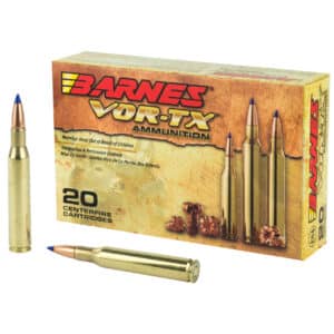 BARNES VOR-TX 270 WSM 140GR TTSX - Box of Barnes VOR-TX ammunition with three cartridges and two loose cartridges, all with blue tips, placed in front of the box with the word "Barnes" and "VOR-TX" written in bold letters.
