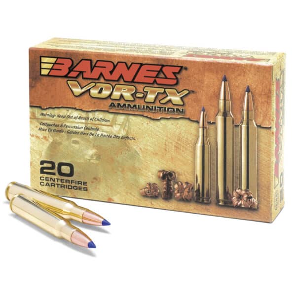 Box of Barnes VOR-TX ammunition with loose cartridges displayed in front.