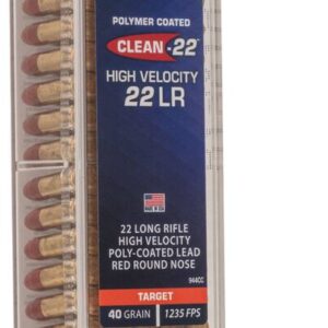 Packaging of CCI Clean-22, high velocity 22LR polymer-coated ammunition with a loose bullet beside it.