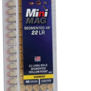 A pack of CCI Mini-Mag .22 LR segmented hollow point cartridges aligned vertically in clear packaging.