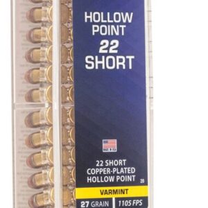 Pack of .22 caliber hollow point short cartridges in a clear plastic container.