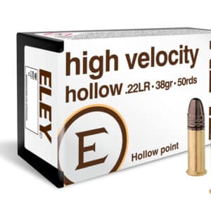 ELEY .22LR high velocity hollow point ammunition box with two cartridges displayed beside it. Contains 50 rounds.