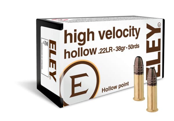 ELEY .22LR high velocity hollow point ammunition box with two cartridges displayed beside it. Contains 50 rounds.