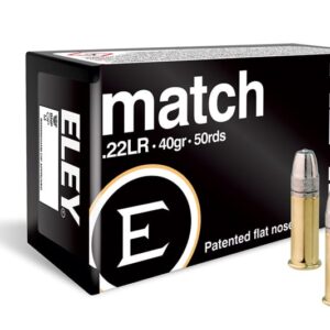 A box of ELEY Match .22LR ammunition, containing 50 rounds, with two cartridges displayed in front.