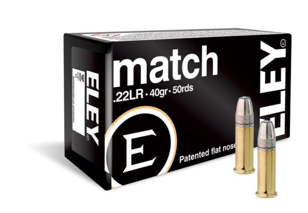 A box of ELEY Match .22LR ammunition, containing 50 rounds, with two cartridges displayed in front.