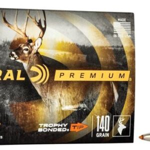 FEDERAL 270 WIN 140GR TROPHY BONDED TIP - A box of Federal Premium 270 Win 140 grain Trophy Bonded Tip rifle ammunition is displayed alongside two individual rounds, against a white background. The box features a black background and a deer graphic. The words "Federal Premium" are prominently displayed in gold lettering. The two rounds have a silver casing and an orange tip.