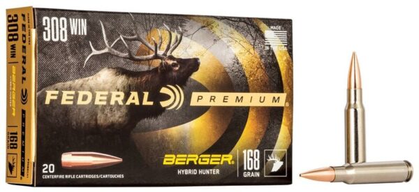 Box of Federal Premium .308 Winchester cartridges with a depicted elk and a single bullet to the side.