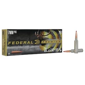 A box of 7mm PRC Federal Premium rifle ammunition with a single cartridge displayed to the right.