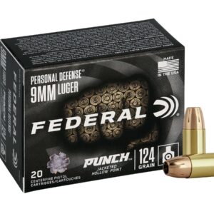 Box of Federal 9mm Luger hollow point bullets and two individual cartridges.