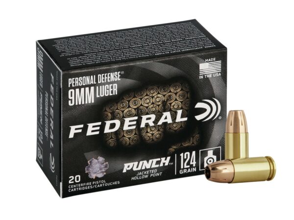 Box of Federal 9mm Luger hollow point bullets and two individual cartridges.