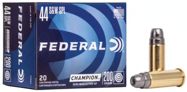 Box of Federal .44 S&W SPL ammunition and a single bullet beside it.