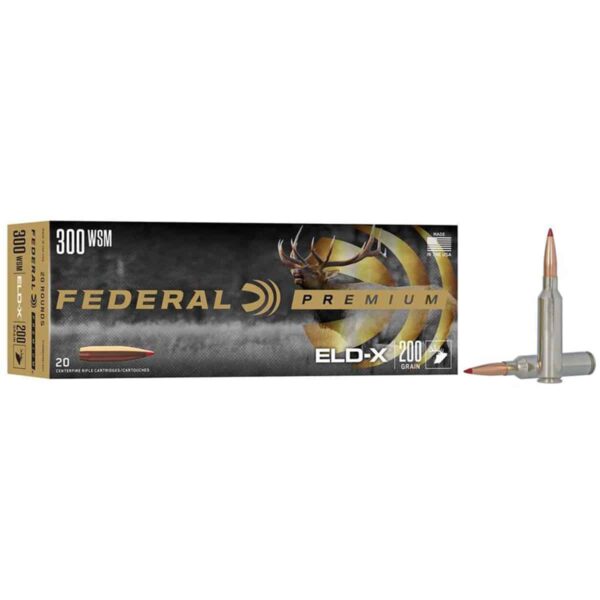 Federal Premium ELD-X 300 WSM ammunition box with two cartridges, featuring a 200-grain bullet and a deer graphic.