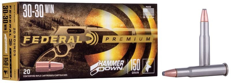 FEDERAL HAMMERDOWN RIFLE 30-30 WIN 150 GRAIN - A box of Federal Premium .30-30 Win Hammer Down 150 grain rifle cartridges with two bullets displayed alongside.