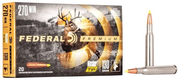 Federal Premium 270 Win ammunition box featuring Nosler ballistic tip bullets, with a graphic of a deer in the background.