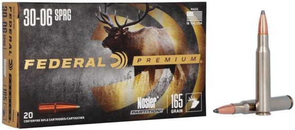 Box of Federal Premium 30-06 Springfield rifle cartridges with a single round beside it.