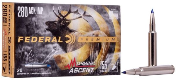 Box of Federal Premium 280 ACK IMP ammunition with image of an elk and a single bullet outside.