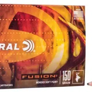 Box of Federal Fusion .270 Winchester ammunition with 20 cartridges, featuring two bullets in front. 150 grain, bonded soft point.