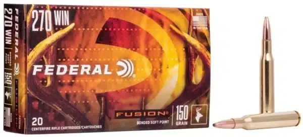 Box of Federal Fusion .270 Winchester ammunition with 20 cartridges, featuring two bullets in front. 150 grain, bonded soft point.