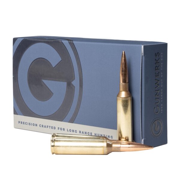 A rifle bullet in front of its packaging with text "Precision crafted for long-range hunting."