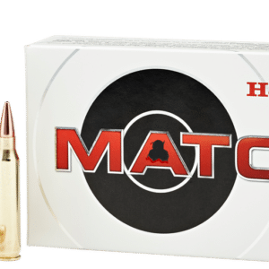 A box of Hornady Match ammunition with four golden cartridges and red-tipped bullets, labeled "MATCH" and featuring a target logo.