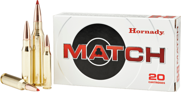 A box of Hornady Match ammunition with four golden cartridges and red-tipped bullets, labeled "MATCH" and featuring a target logo.