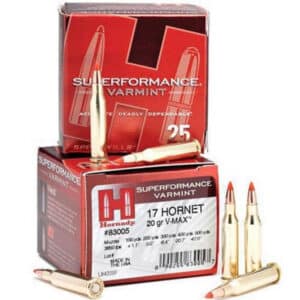 Boxs of Hornady Superformance 17 Hornet 20GR V-MAX Varmint ammunition with two cartridges displayed in front.