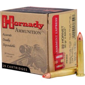 Box of Hornady 22 HORNET 35GR V-MAX ammunition with a single cartridge standing beside it.