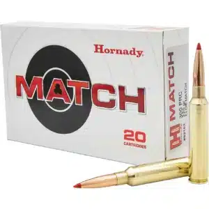 Box of Hornady Match 300 PRC 225GR ELD rifle cartridges with one round in front.