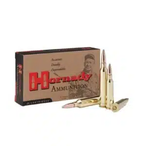 Box of Hornady ammunition with two rifle cartridges displayed in front.