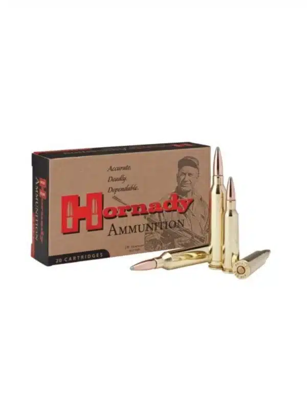 Box of Hornady ammunition with two rifle cartridges displayed in front.