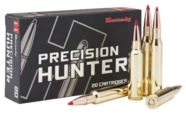 A box of Hornady Precision Hunter cartridges with three rounds displayed in front.