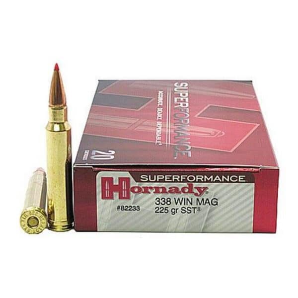 Box of Hornady Superformance .338 Win Mag cartridges with a single bullet outside.