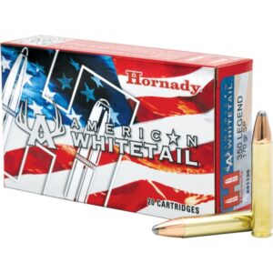 Box of Hornady American Whitetail ammunition with one cartridge displayed.