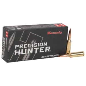 A box of Hornady Precision Hunter ammunition with one cartridge placed diagonally in front.