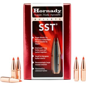 Box of Hornady SST bullets with product details and three individual bullets displayed in front.