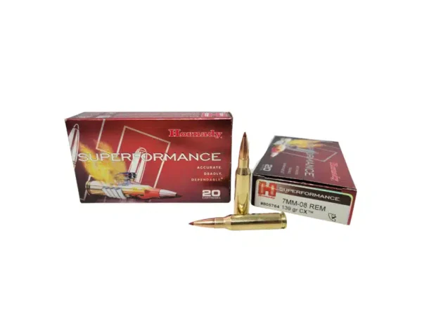 Box of Hornady Superformance ammunition with a single bullet in front.