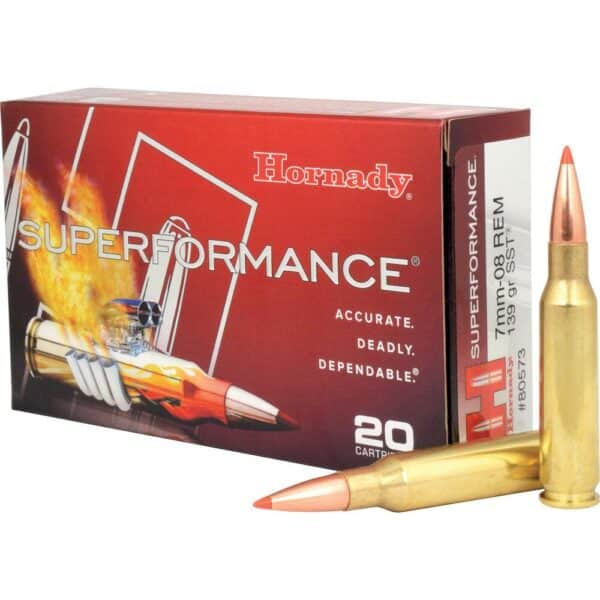 Box of Hornady Superformance 7MM-08 REM 139GR SST ammunition with one cartridge displayed in front.