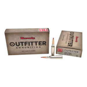 Boxes of Hornady Outfitter 7MM PRC 160GR CX OUTFITTER ammunition with a rifle cartridge.