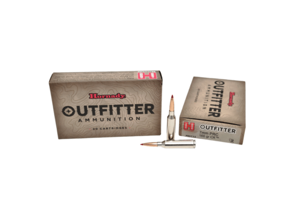 Boxes of Hornady Outfitter 7MM PRC 160GR CX OUTFITTER ammunition with a rifle cartridge.