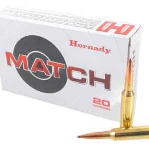 Box of Hornady Match ammunition with two cartridges displayed in front.