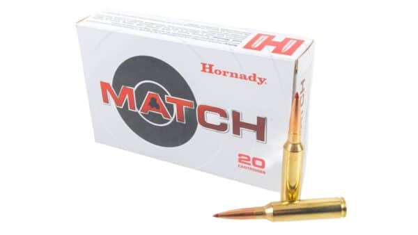 Box of Hornady Match ammunition with two cartridges displayed in front.