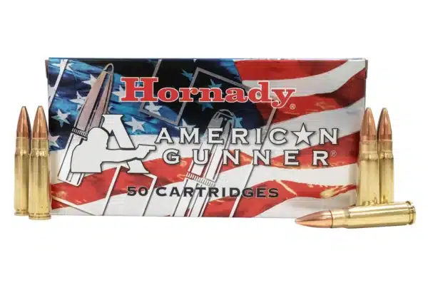 A box of Hornady American Gunner ammunition with several cartridges displayed in front.