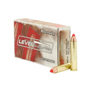 A box of 20 Hornady LEVERevolution cartridges with one round standing upright next to it.