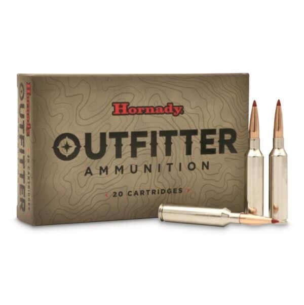 Hornady Outfitter ammunition box with three cartridges displayed, featuring "20 cartridges" label and a rugged design.