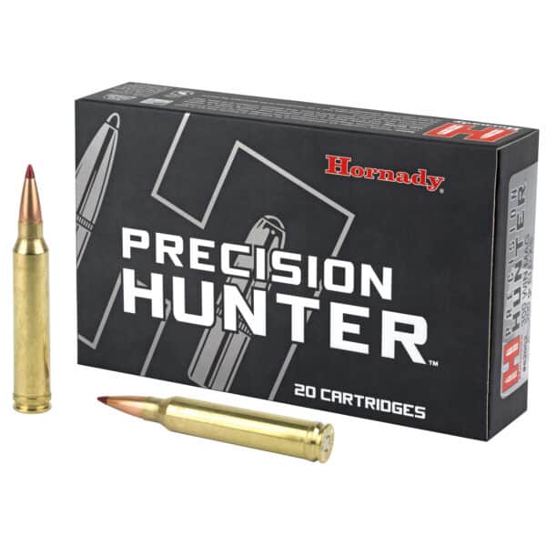 Box of Hornady Precision Hunter ammunition featuring two cartridges with brass casings and pointed tips, labeled for 20 cartridges.