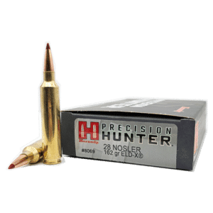 A 28 Nosler rifle cartridge next to its Precision Hunter ammunition box.