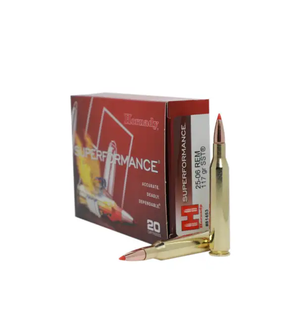 HORNADY SUPERFORMANCE RIFLE 25-06 REM SST - Box of Hornady Superformance ammunition with two cartridges displayed, labeled for .25-06 Remington, featuring red-tipped bullets.