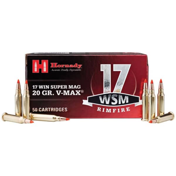 Box of Hornady .17 WSM rimfire cartridges with several rounds displayed in front.